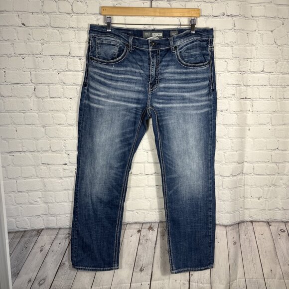 BKE Jeans Mens 36S Nolan Straight Leg Whiskered Stretch Buckle Thick Stitching - Picture 1 of 12